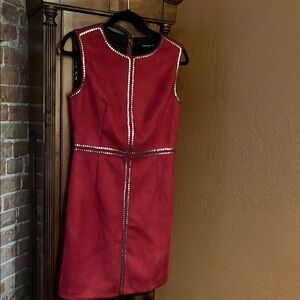 Yanyee Red seude sheath dress with embellishments.